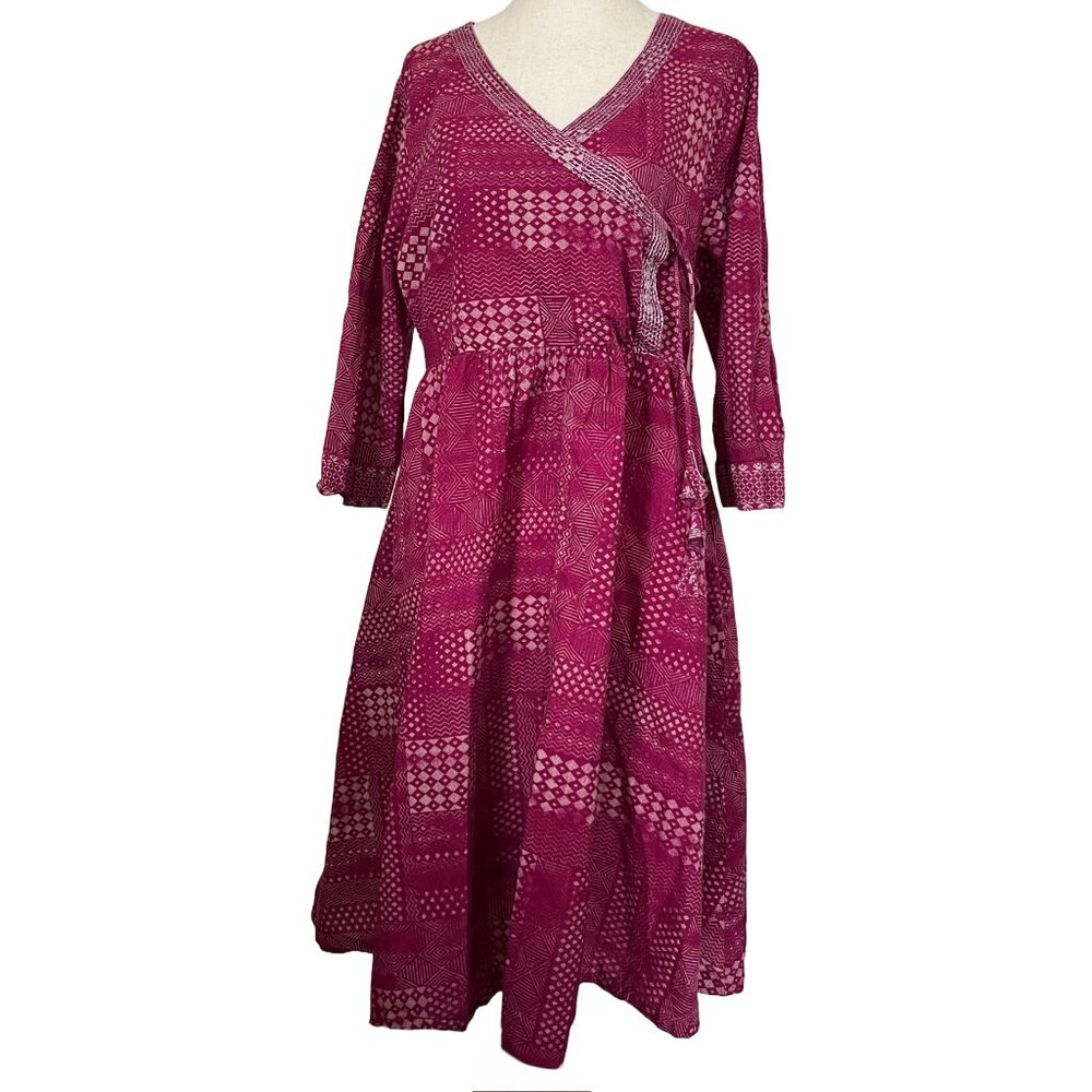 Burgundy Wrap Boho Folk Blockprint  Summer Dress 100% India Cotton M/L